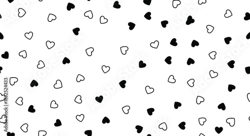 Minimalist seamless pattern with small, scattered black and white hearts, perfect for a simple and modern romantic background.