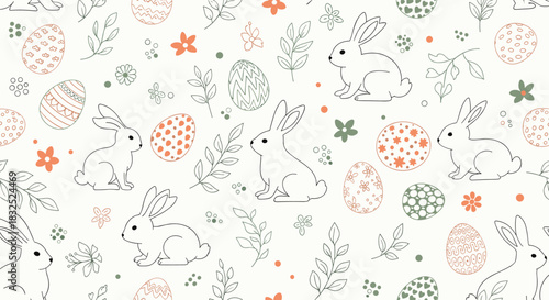 Delicate seamless Easter pattern with hand-drawn line art bunnies, decorated eggs, and foliage on a light neutral background.