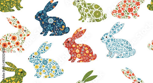 Seamless Easter pattern with colorful bunnies filled with different floral designs, creating a bright and festive spring background.
