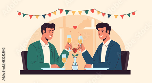 A happy gay male couple on a romantic date, toasting with champagne glasses in a restaurant, celebrating their relationship.