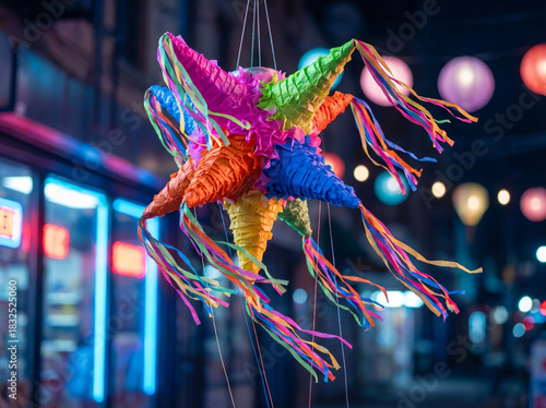 Traditional Mexican Star Piñata Hanging on a Dark City Street