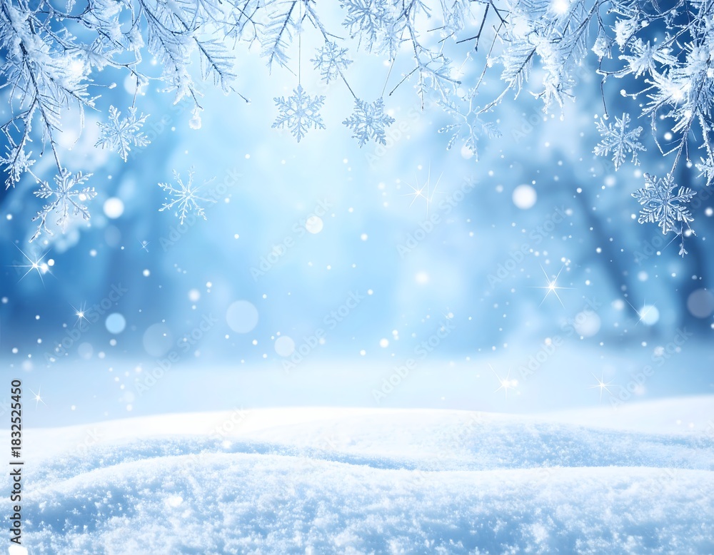 Naklejka premium Beautiful snowy Christmas background with sparkling snowflakes and a soft blue glow in a magical winter landscape