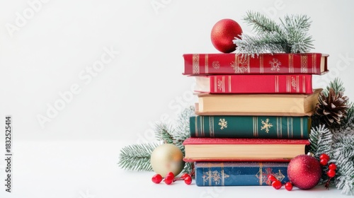 Stack of colorful Christmas books with decorations