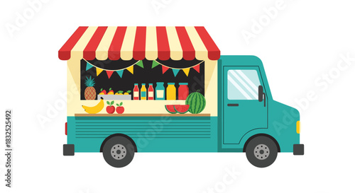 A cute food truck with a red and white striped awning, selling fresh fruits, juices, and healthy snacks at a street market.