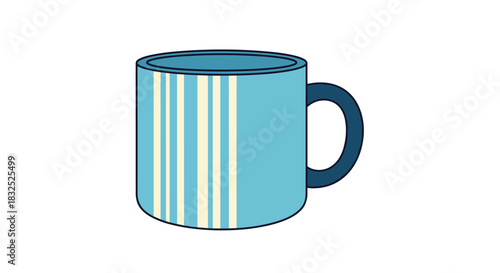 A simple cartoon illustration of a blue ceramic coffee mug with vertical beige stripes, isolated on a white background.