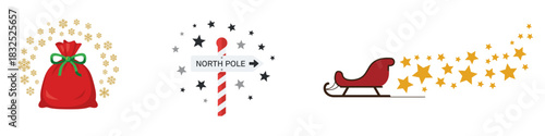Vector set of festive winter images: Christmas illustrations featuring a red Santa sack with a halo of golden snowflakes, a North Pole signpost, and a sleigh with a star trail.