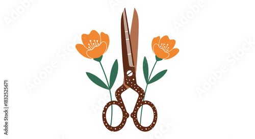 A beautiful illustration of vintage-style ornate scissors decorated with two bright orange flowers, symbolizing crafting and floristry.