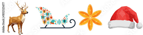 Vector set of festive winter images: stylized sleigh made of Christmas presents, orange slices in the shape of a star or snowflake, reindeer and Santa's hat in a geometric low-polygon vector style