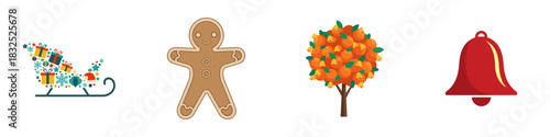 Vector set of festive winter images: Colorful Christmas decorations, including a sleigh made from gift boxes, a gingerbread man, a tree with oranges, and a bell.