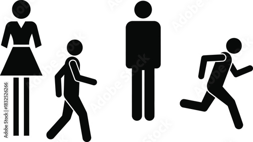 Simple black and white stick figure family set