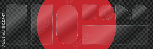 Set of modern transparent geometric glass panels and frames with glossy reflections.
