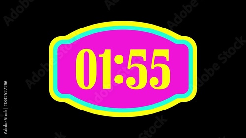 Countdown timer from 2 minute to 1 minute with neon digital timer on an oval decorative display over a black background