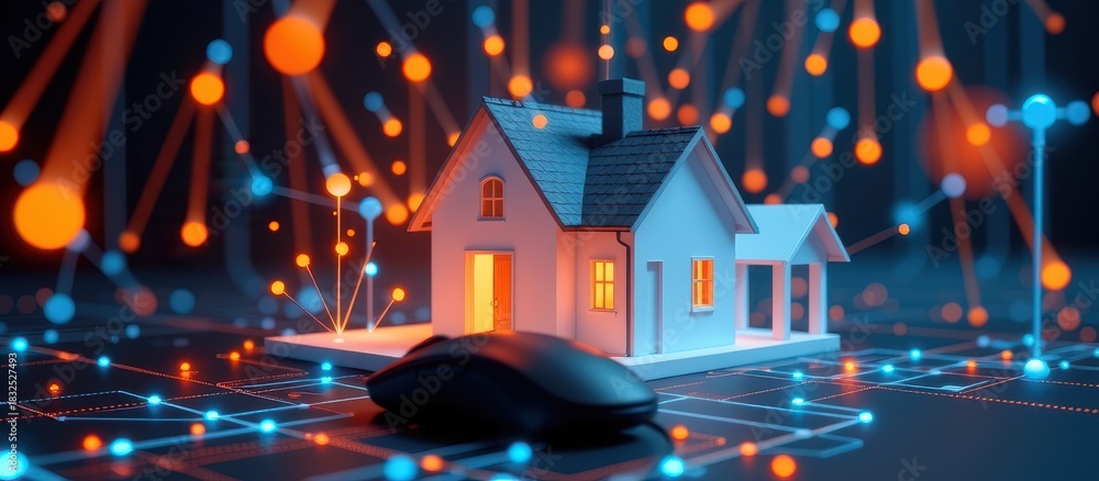 Obraz premium Digital house model surrounded by glowing data connections and a computer mouse.