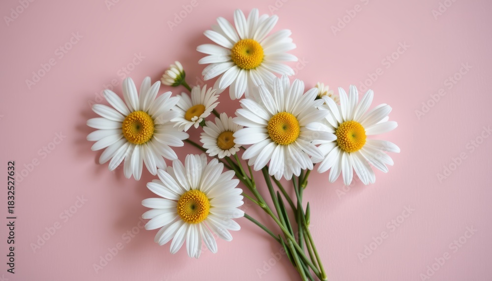 Obraz premium A bouquet of white daisies on a soft pink background.