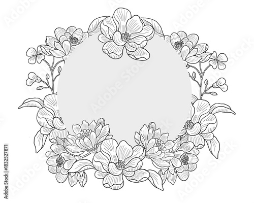 Elegant Lily and Aster Hand Drawn Flower Wreath