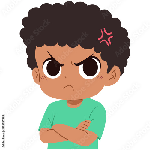 illustration of a cartoon angry boy with arms crossed in isolated white background