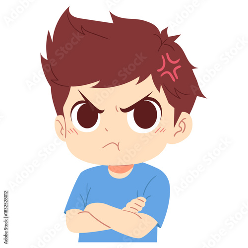 illustration of a cartoon angry boy with arms crossed in isolated white background
