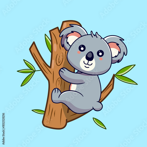 Cute Koala Bear Hanging on Tree Vector Illustration cartoon Kawaii Animal Icon 