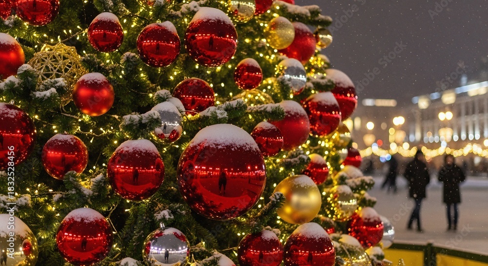 Naklejka premium Falling Snow on Red Ornamented Tree in Blurred City Square