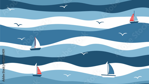 A serene flat design seamless pattern illustrating gentle ocean waves, charming sailboats, and flying seagulls, creating a peaceful nautical theme for a child's room. 