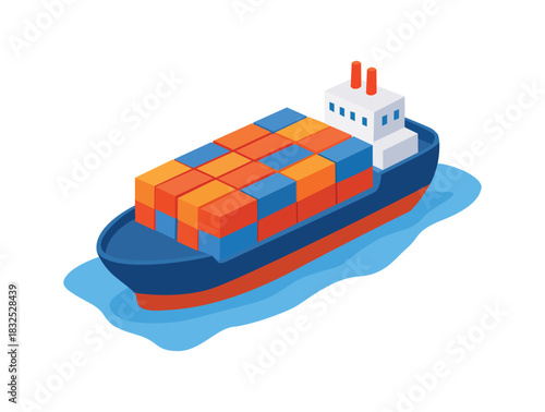 Isometric cargo ship carrying colorful containers sailing on blue ocean.