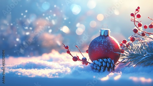 Christmas snow background with pine cones and red Christmas ornament on empty tabletop edge, blurred light blue backdrop with text space, ideal for New Year's Eve celebrations and holiday season.