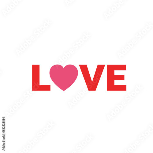Bold red letters spell out love with a pink heart replacing the letter o