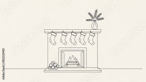 A minimalist line drawing depicts a cozy fireplace with stockings hanging above a warm glowing fire and a vase of evergreen sprigs on the mantle