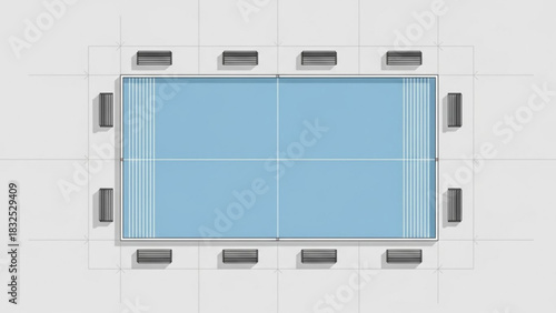 Top down architectural illustration of a rectangular blue swimming pool surrounded by benches on a tiled surface with grid lines