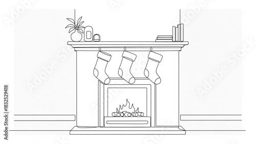 A minimalist line drawing depicts a cozy fireplace adorned with three festive christmas stockings hanging above a warm glowing fire