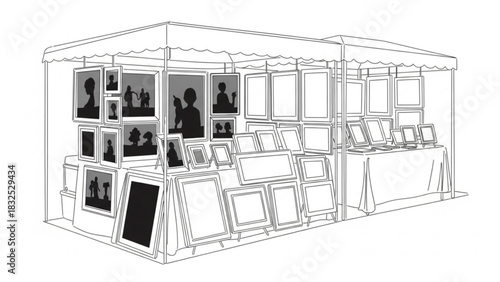 A detailed line drawing of an outdoor art exhibition stall showcasing various framed artworks and empty frames displayed on easels and tables