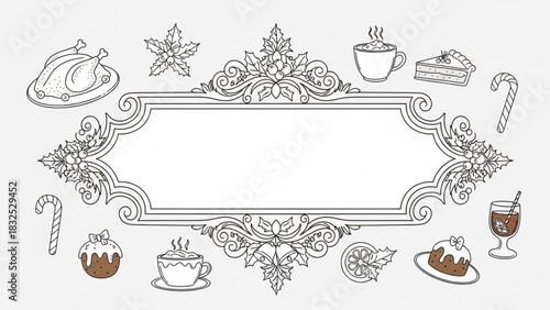 Festive christmas holiday border with delicious food and drinks and ornate decorative elements for seasonal celebrations