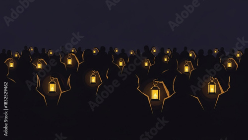 A gathering of silhouetted figures holding glowing lanterns in the dark night sky creating a sense of unity and hope