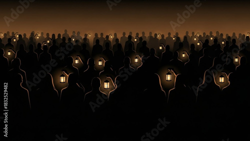 A gathering of silhouettes holding glowing lanterns in a dimly lit ethereal atmosphere evoking mystery and hope