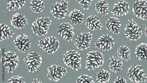 A charming and whimsical pattern featuring hand drawn pinecones in black and white scattered across a soft grey background evoking a natural and rustic feel