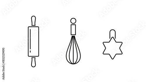Simple line art icons of baking tools including a rolling pin a whisk and a star shaped cookie cutter on a white background