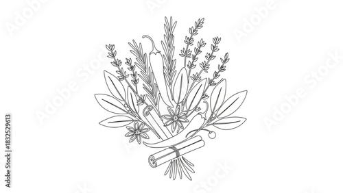 A minimalist line art illustration of a fragrant bouquet of culinary herbs and spices including chili peppers cinnamon sticks and star anise