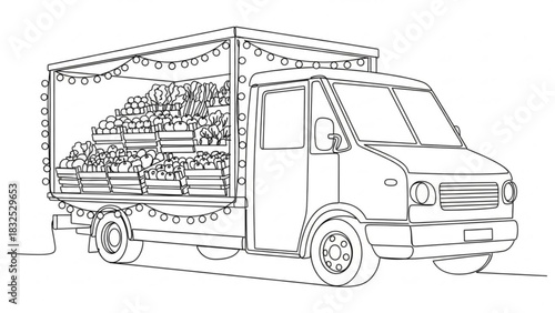 A charming line art illustration depicts a delivery truck overflowing with fresh produce in wooden crates adorned with festive string lights