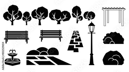 A collection of black silhouette icons depicting various park and garden elements on a white background.