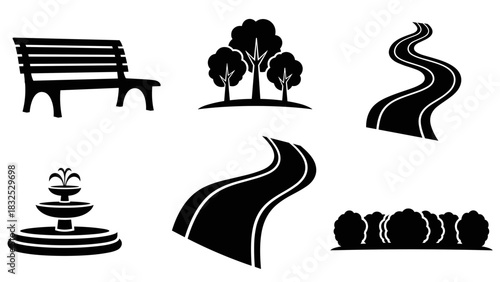 Silhouettes of various park and outdoor elements including a bench, trees, winding paths, a fountain, and bushes.