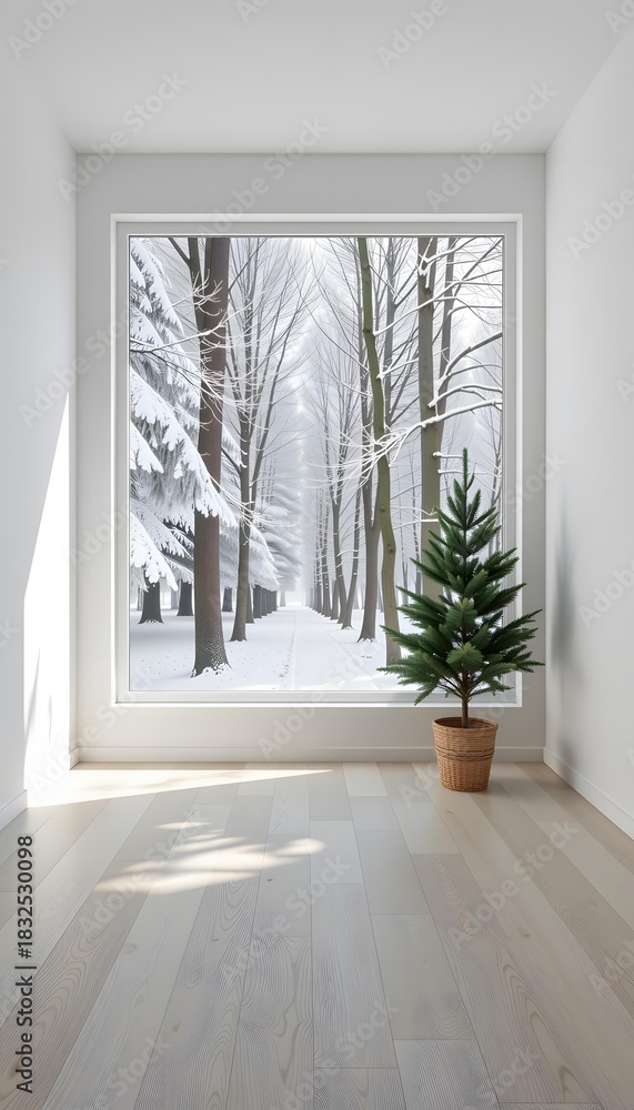 Fototapeta premium Cozy Winter Scene with Snow-Covered Trees and Minimalist Indoor Space Featuring Small Christmas Tree in Natural Light
