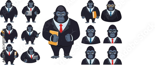 Business gorillas in suits with folders and glasses Keywords: gorilla, business, suit, tie, folder, glasses, briefcase, professional, office