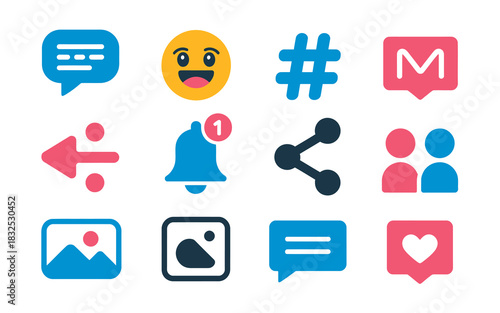 Collection of social media icons representing communication engagement and sharing including chat bubbles emojis hashtags mail arrows notifications sharing symbols user groups and likes