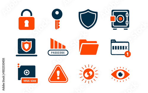 Collection of security and protection icons including a padlock key shield safe folder warning sign and eye representing data privacy and digital safety concepts
