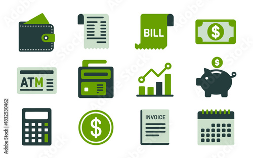 A collection of financial icons including a wallet receipt bill dollar bill atm cash register graph piggy bank calculator coin document and calendar representing money and business concepts