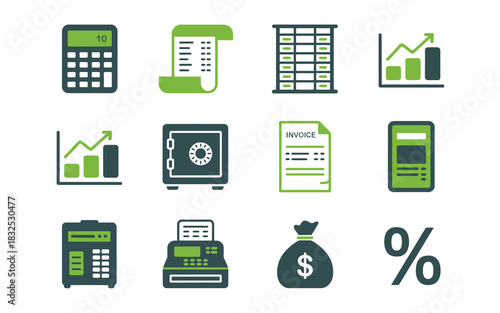 Collection of financial icons including calculator receipt spreadsheet graph safe mobile phone atm and money bag representing business finance and accounting concepts