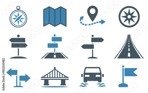 Collection of navigation and travel icons including compass map road signs gps pin route road bridge car and flag representing direction and journey planning