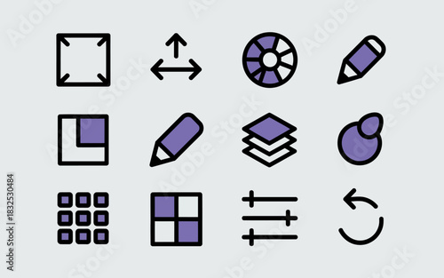 Collection of simple hand drawn vector icons representing various digital tools and editing functions including resizing layers and layout options for graphic design and interface elements
