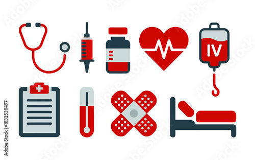 Collection of medical icons representing healthcare and emergency services including a stethoscope syringe medicine heart monitor iv drip clipboard test tube bandages and hospital bed