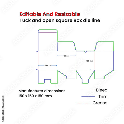 Editable and Resizable Tuck and Open Square Box Die Line Template box template packaging design